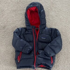 Patagonia Dark Blue and Red Hooded Puffer Jacket